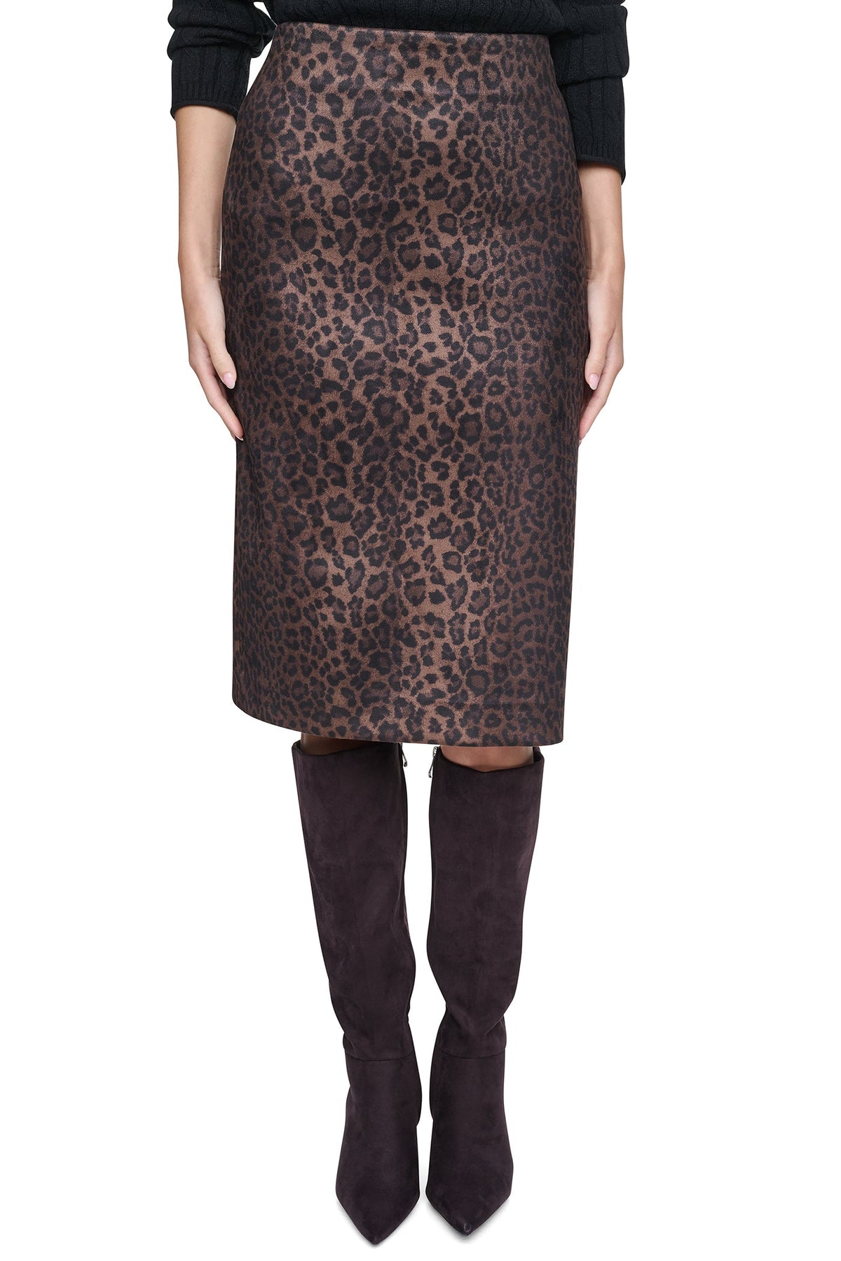 DKNY LEOPARD FAUX SUEDE MIDI SKIRT