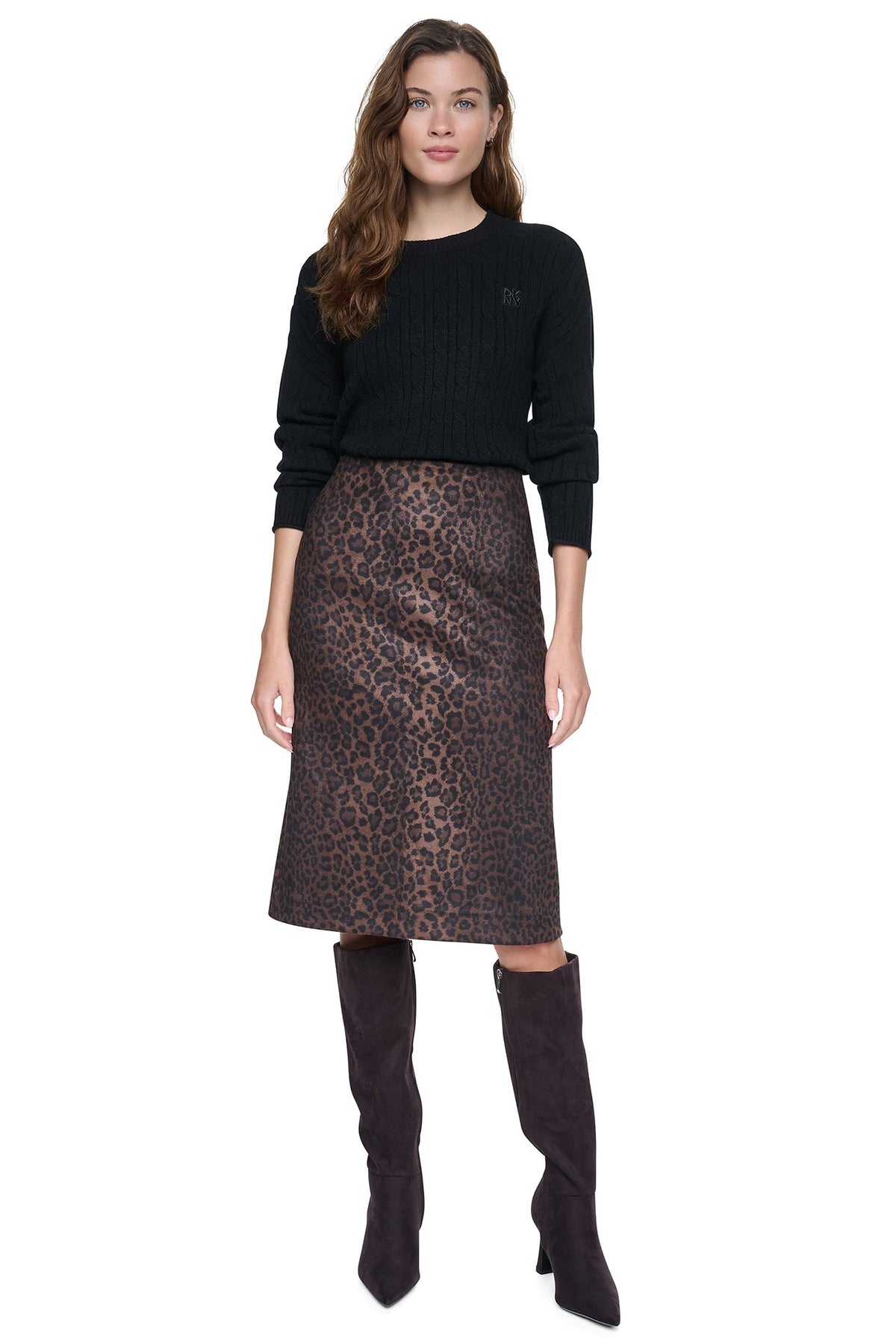 DKNY LEOPARD FAUX SUEDE MIDI SKIRT
