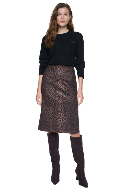DKNY LEOPARD FAUX SUEDE MIDI SKIRT