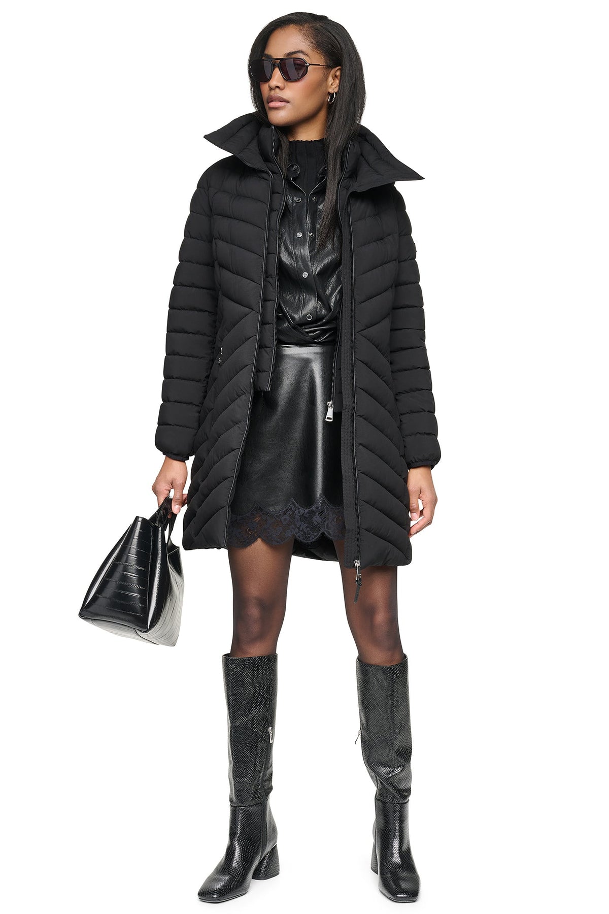 DKNY HOODED STAND COLLAR PUFFER