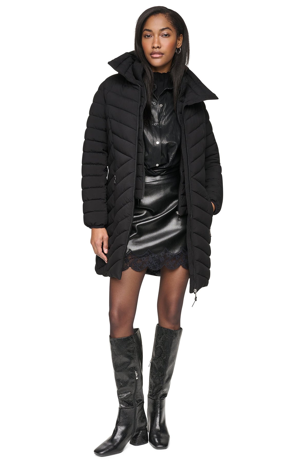 DKNY HOODED STAND COLLAR PUFFER