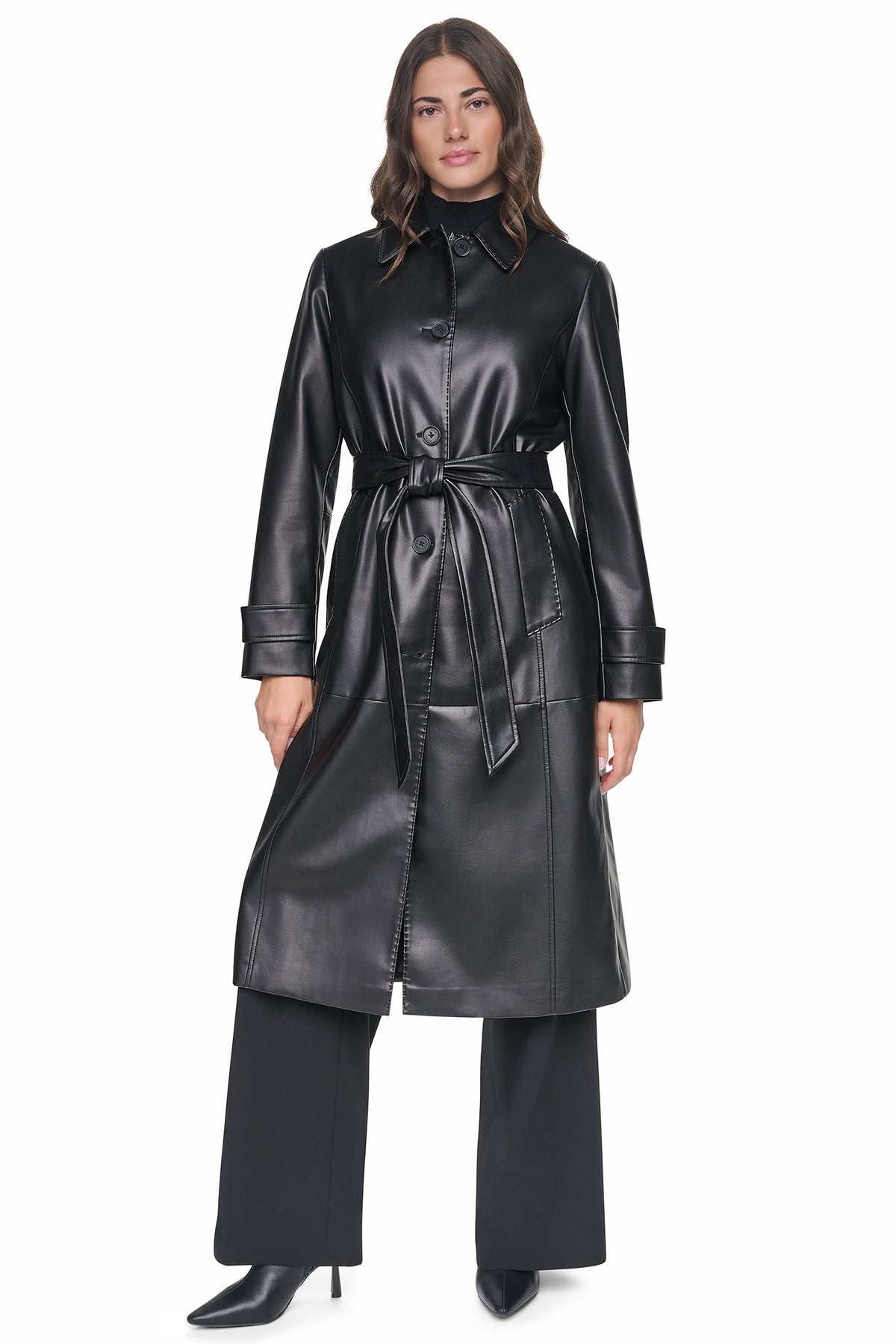 DKNY FAUX LEATHER BELTED LONG TRENCH