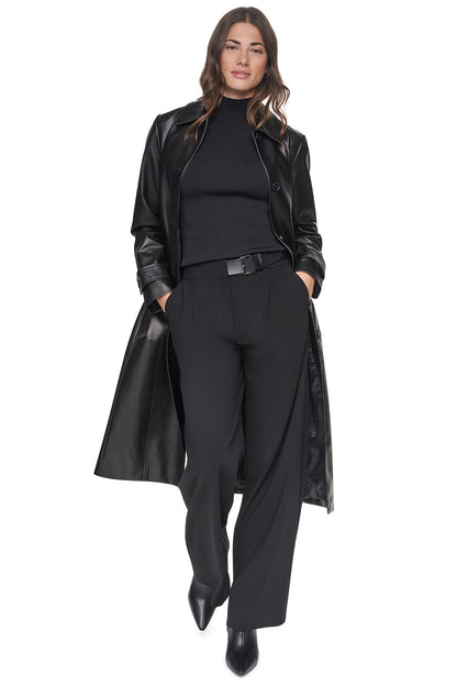DKNY FAUX LEATHER BELTED LONG TRENCH