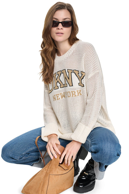 DKNY OPEN STITCH VARSITY LOGO SWEATER
