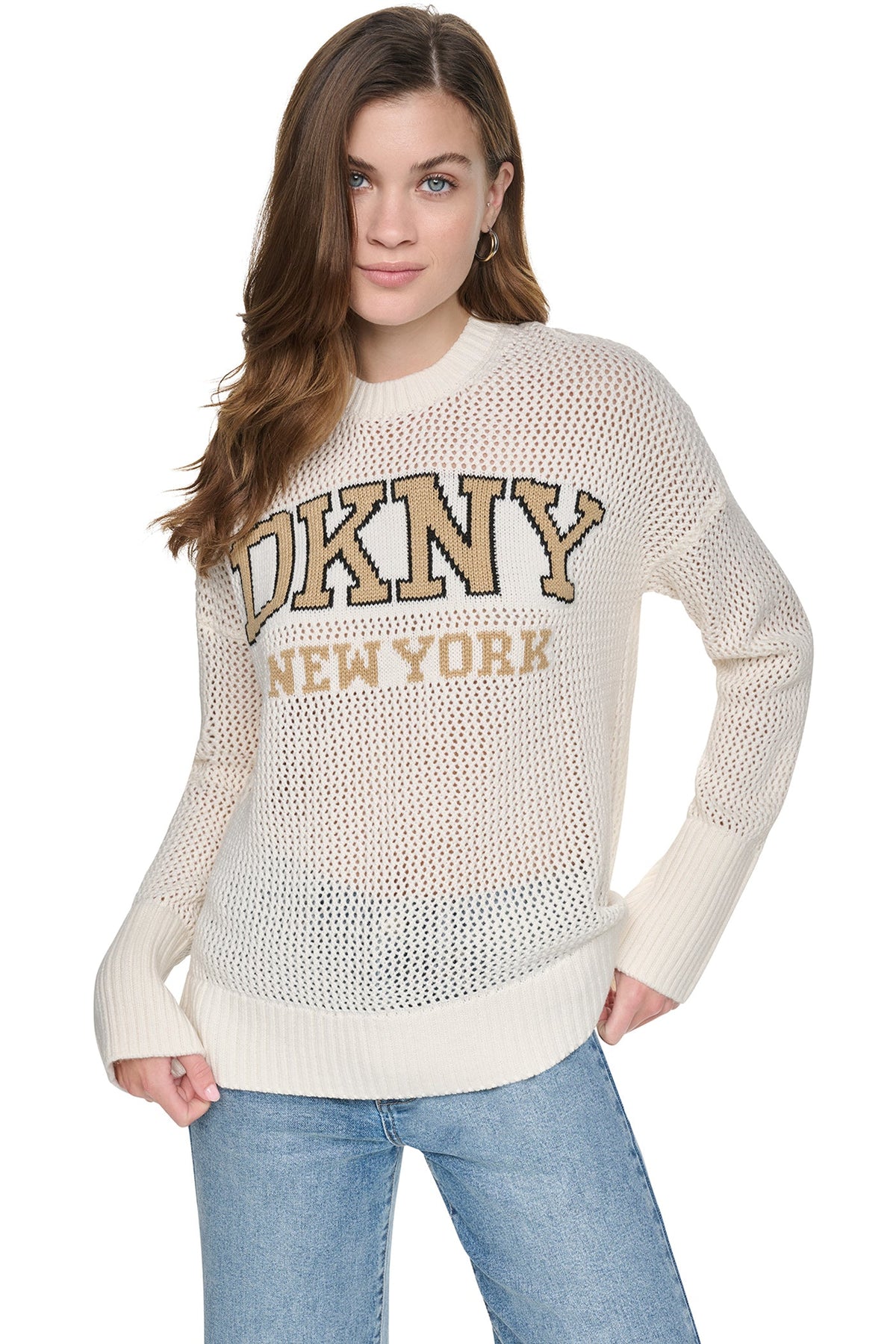 DKNY OPEN STITCH VARSITY LOGO SWEATER