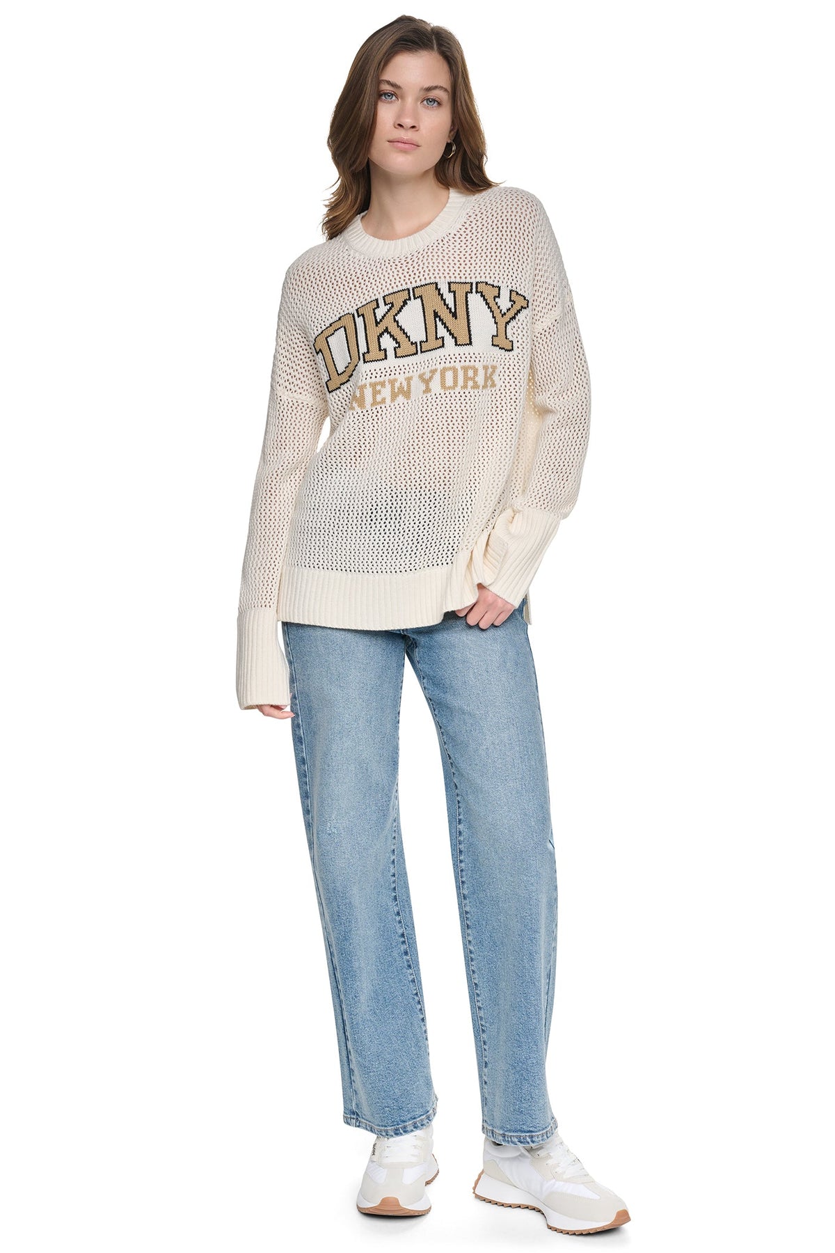 DKNY OPEN STITCH VARSITY LOGO SWEATER