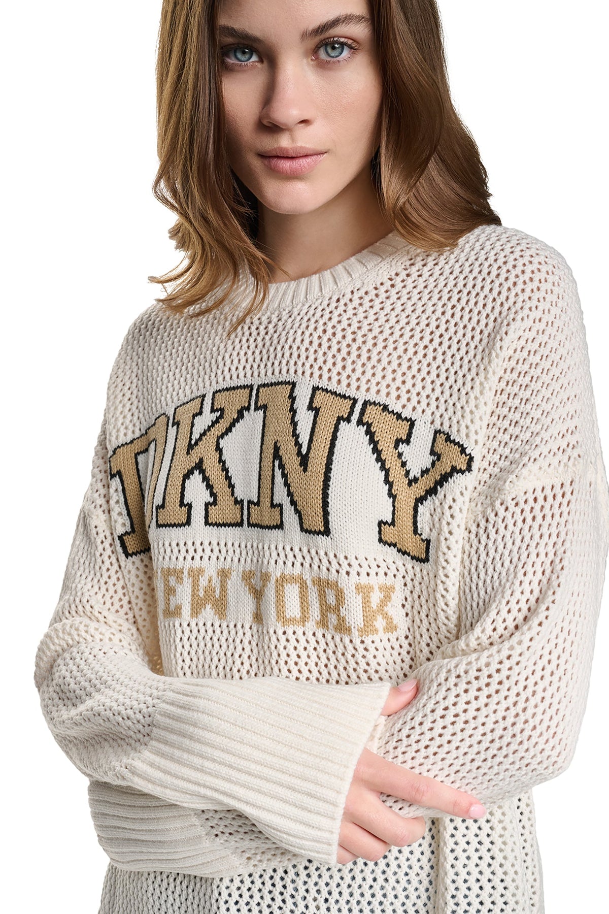 DKNY OPEN STITCH VARSITY LOGO SWEATER