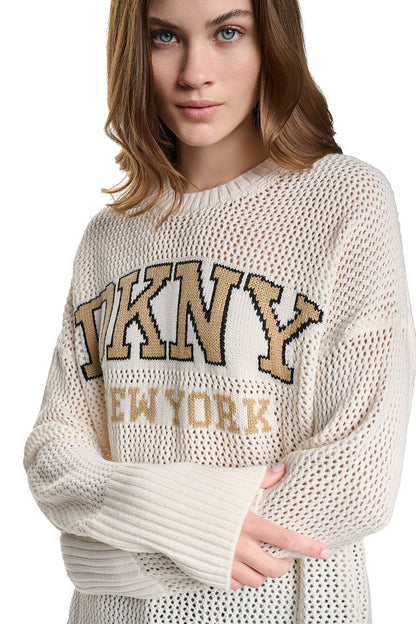 DKNY OPEN STITCH VARSITY LOGO SWEATER