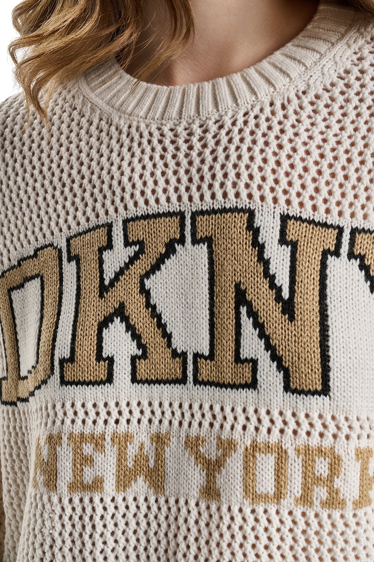 DKNY OPEN STITCH VARSITY LOGO SWEATER