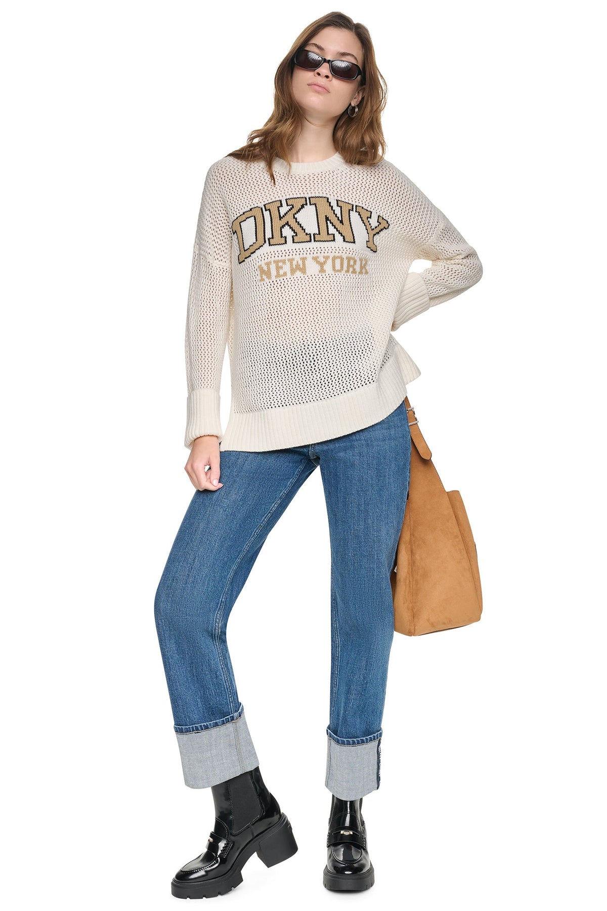 DKNY OPEN STITCH VARSITY LOGO SWEATER