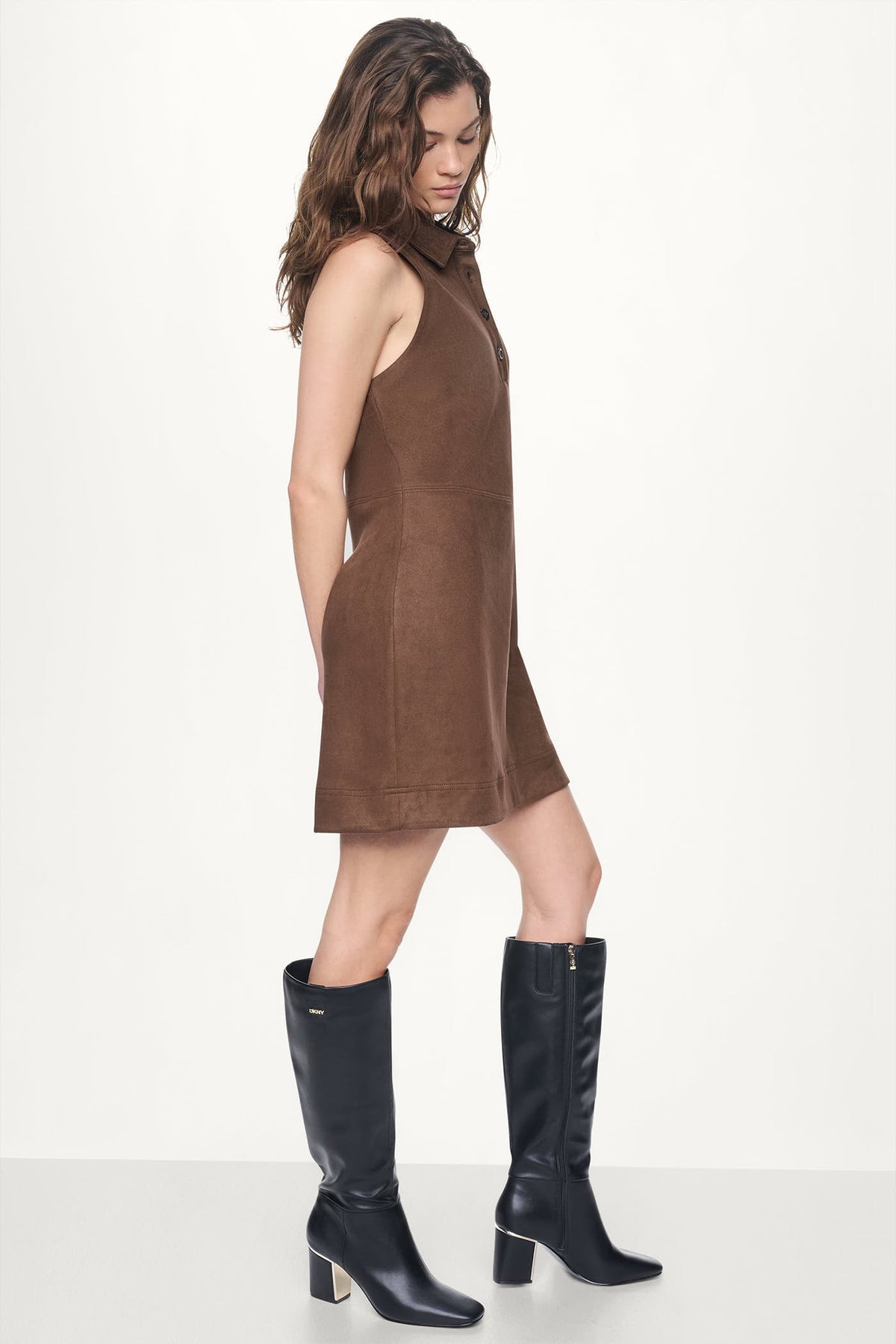DKNY COLLARED FAUX SUEDE DRESS