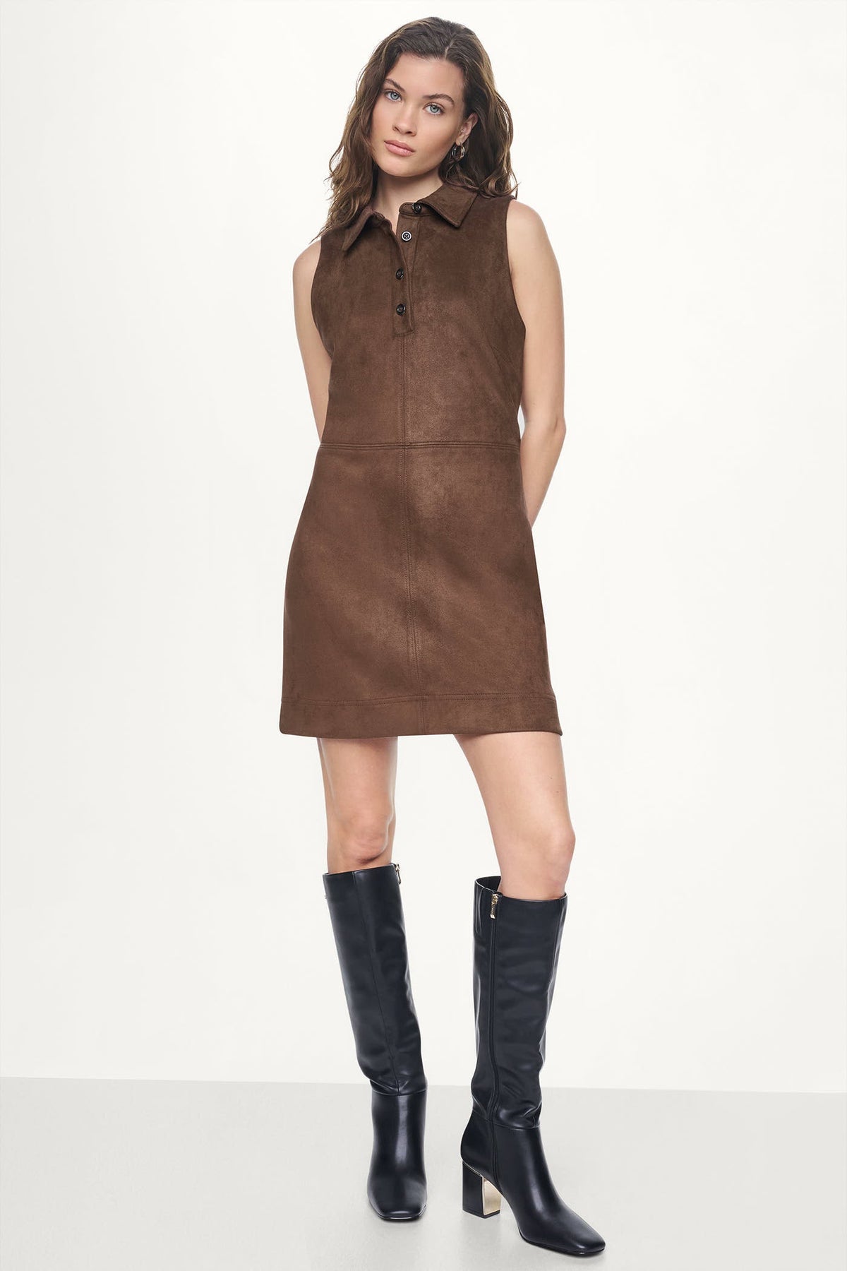 DKNY COLLARED FAUX SUEDE DRESS