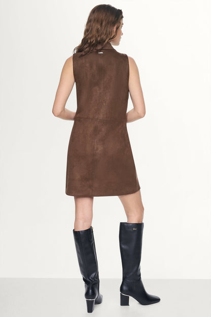 DKNY COLLARED FAUX SUEDE DRESS