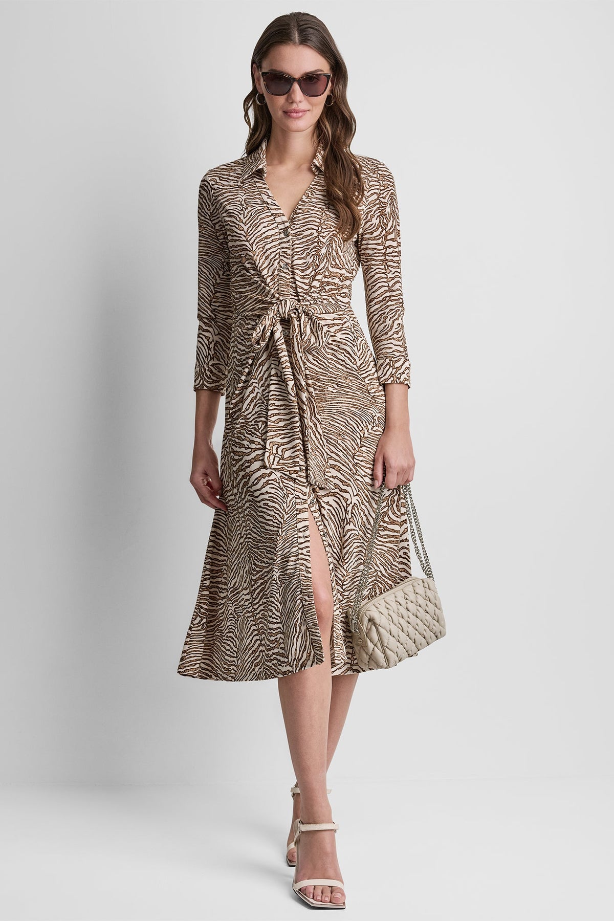 DKNY 3/4 SLEEVE ZEBRA PRINT TIE-FRONT MIDI SHIRT DRESS