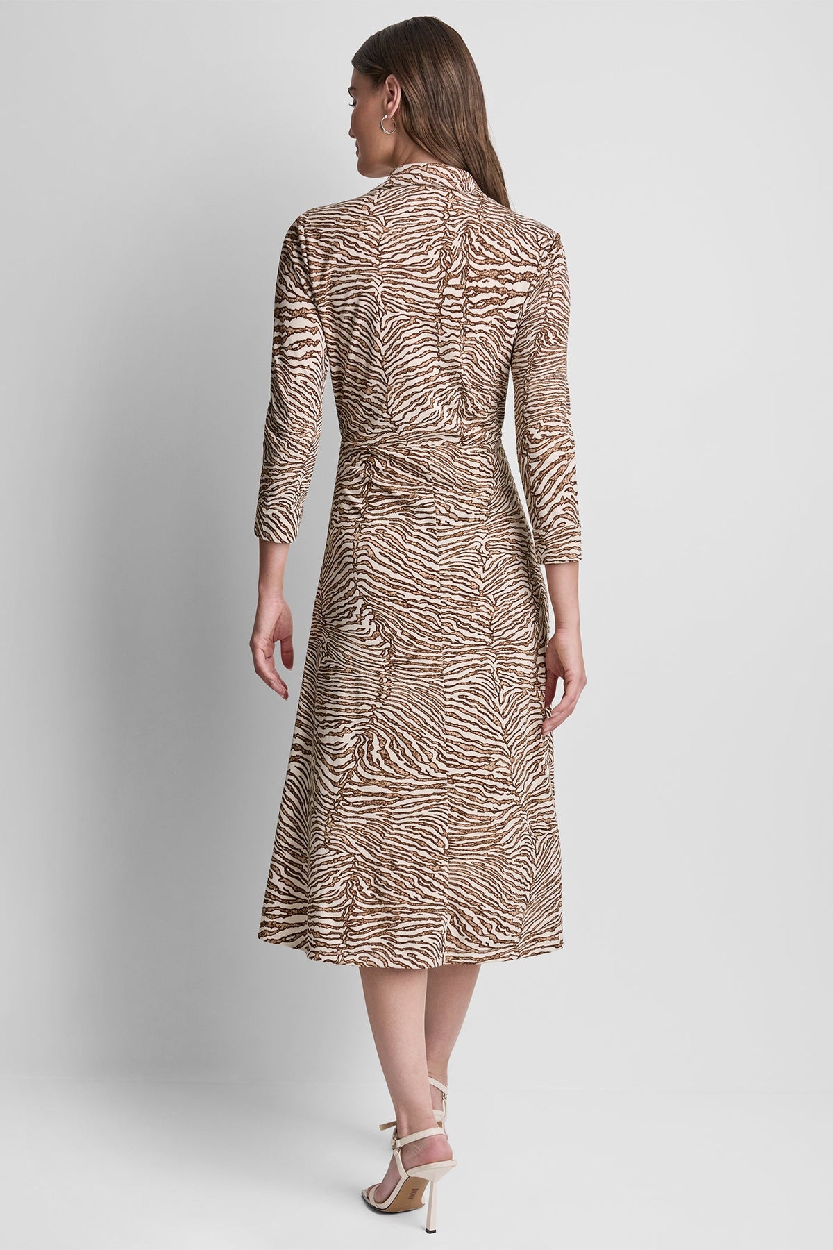 DKNY 3/4 SLEEVE ZEBRA PRINT TIE-FRONT MIDI SHIRT DRESS