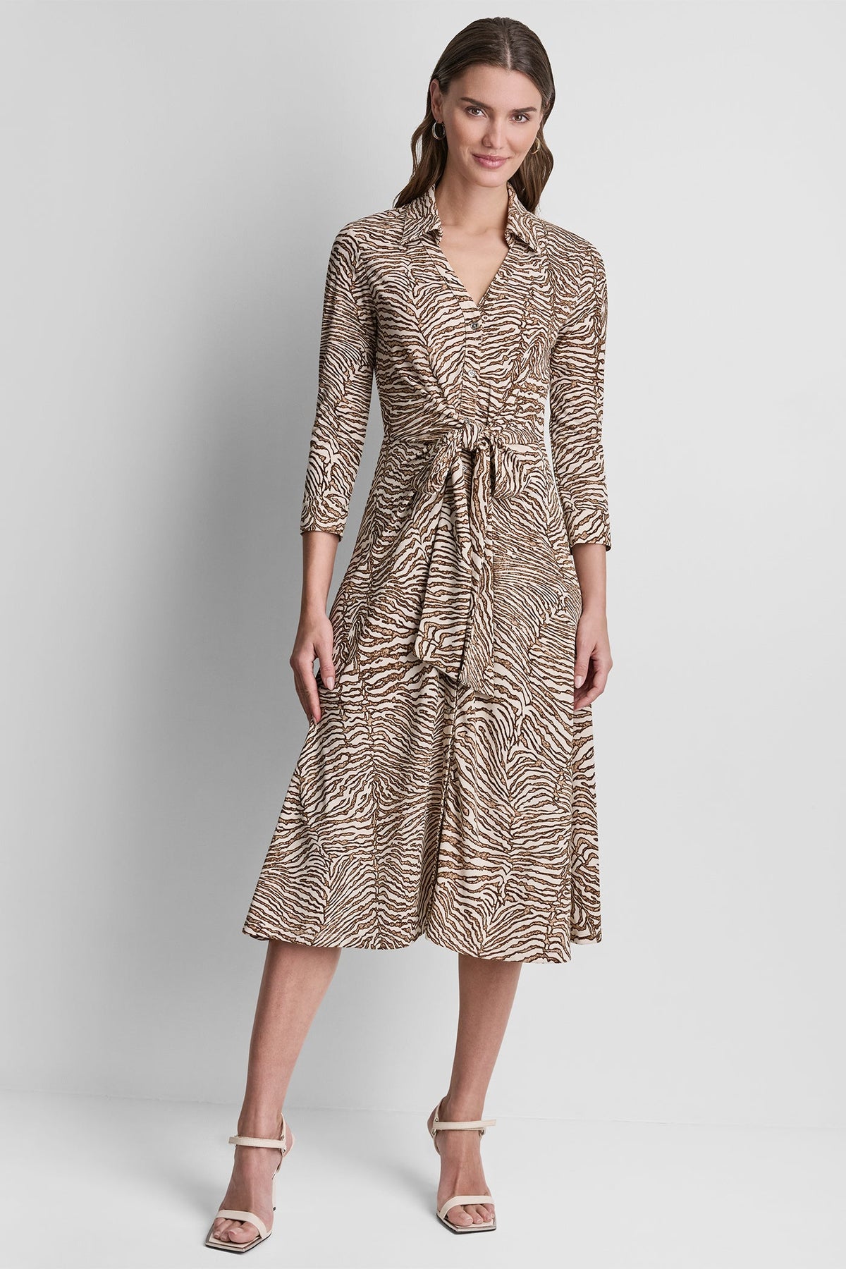 DKNY 3/4 SLEEVE ZEBRA PRINT TIE-FRONT MIDI SHIRT DRESS