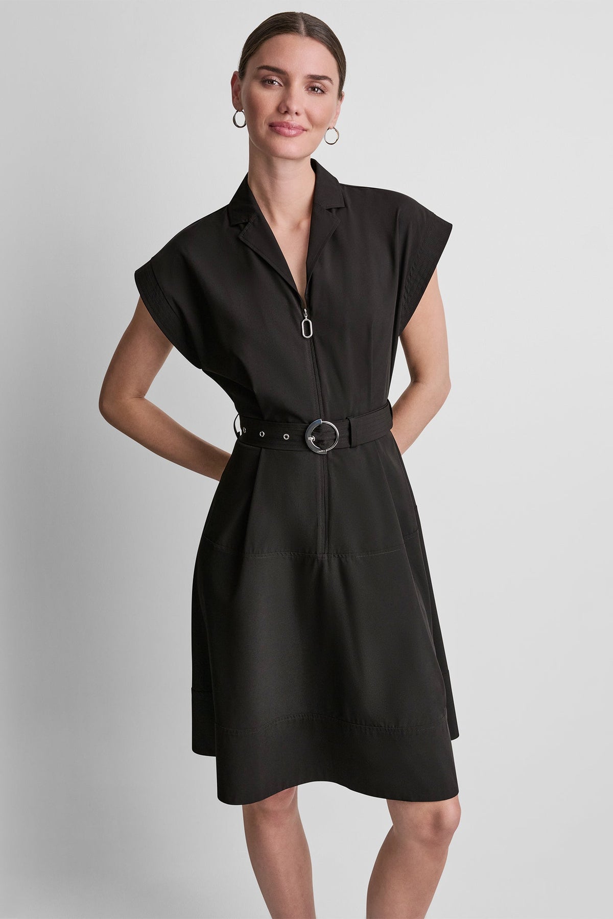 DKNY CAP SLEEVE ZIP-FRONT SHIRT DRESS