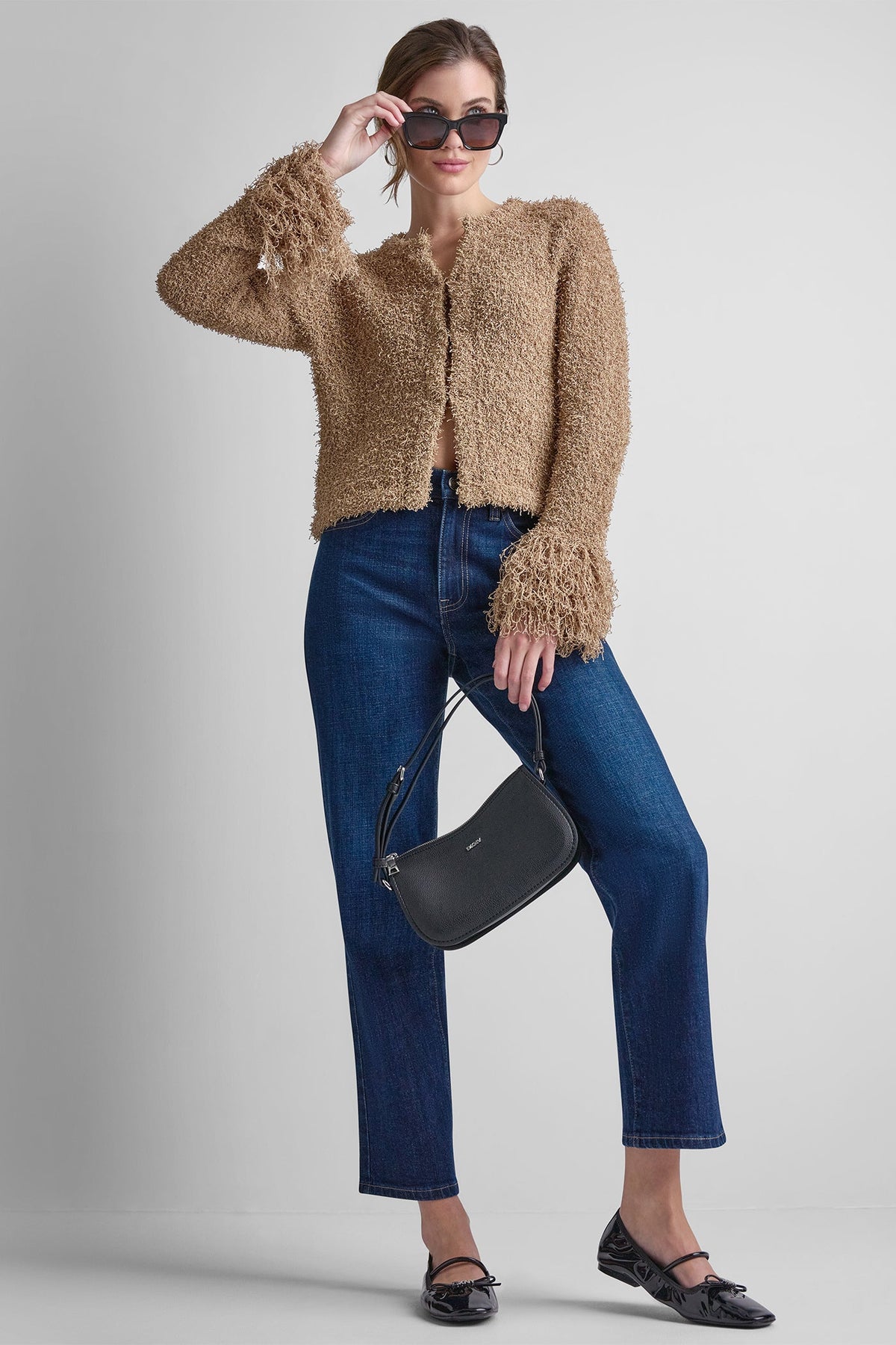 DKNY LONG SLEEVE FRINGE CARDIGAN