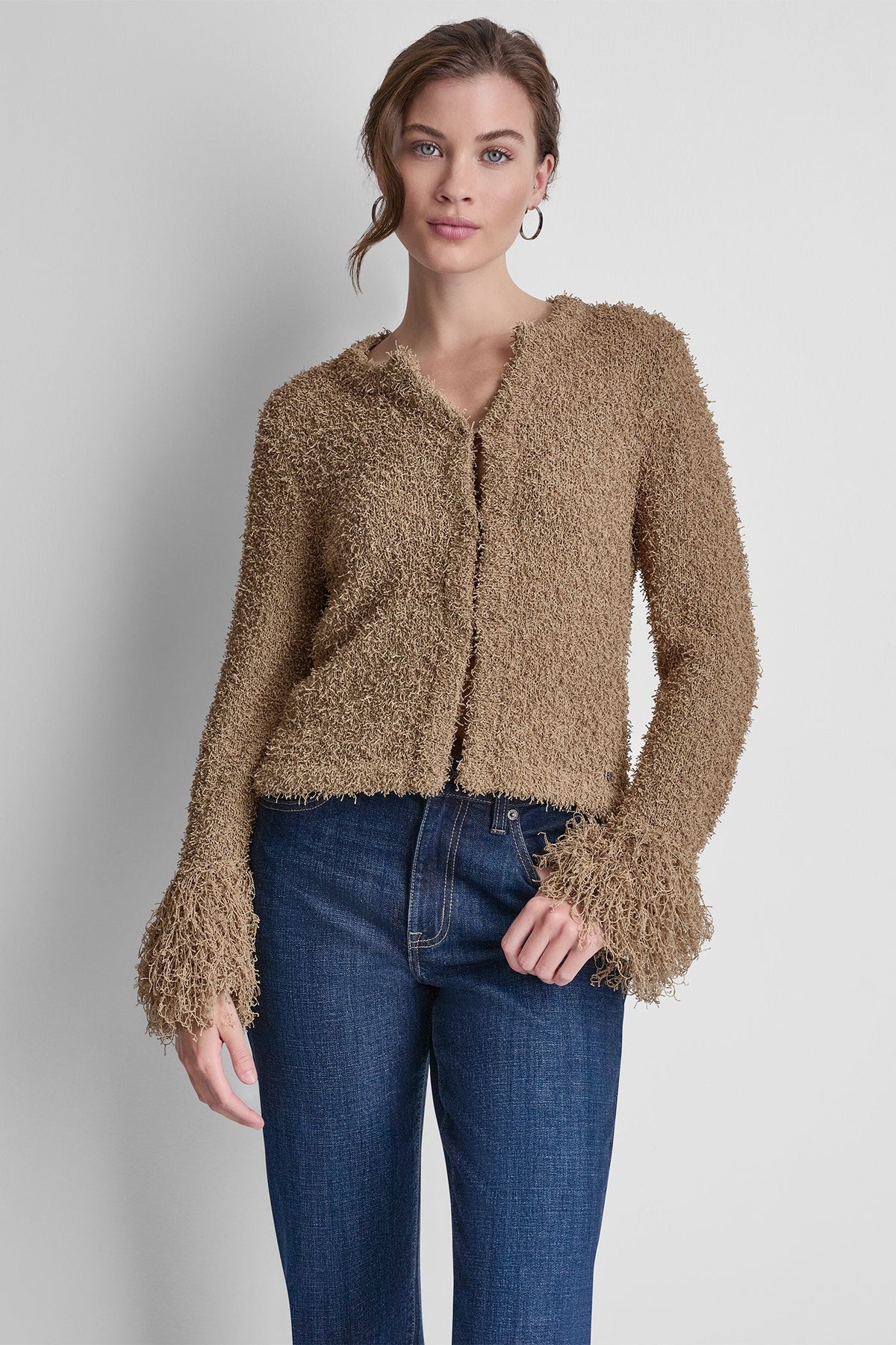 DKNY LONG SLEEVE FRINGE CARDIGAN