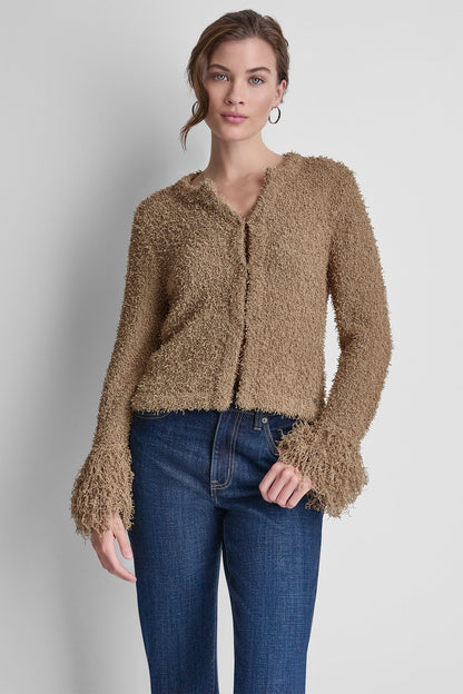 DKNY LONG SLEEVE FRINGE CARDIGAN