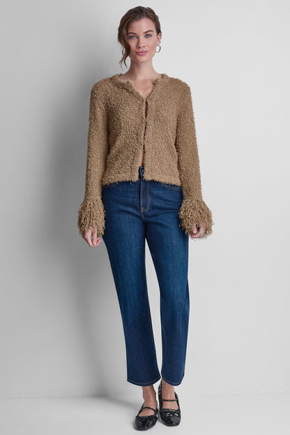 DKNY LONG SLEEVE FRINGE CARDIGAN