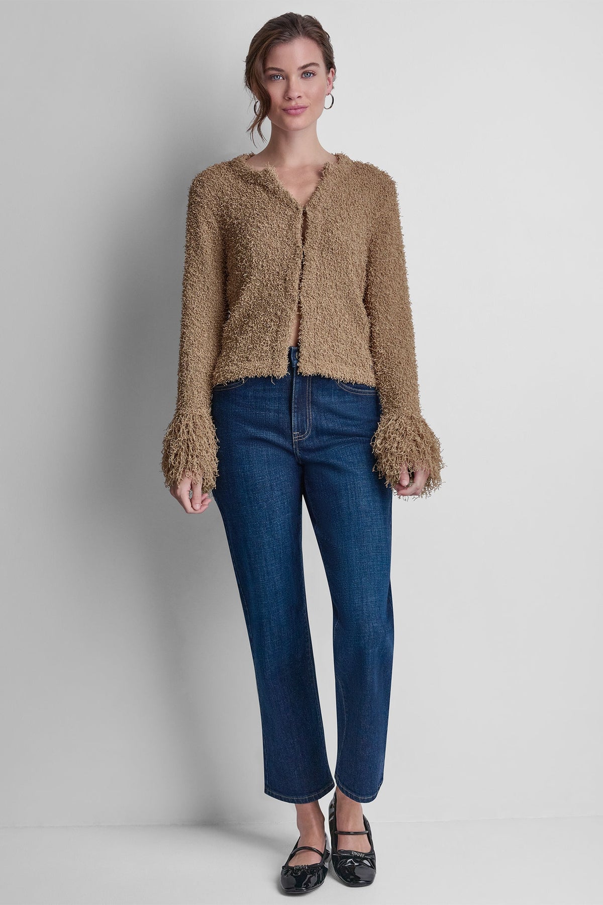 DKNY LONG SLEEVE FRINGE CARDIGAN