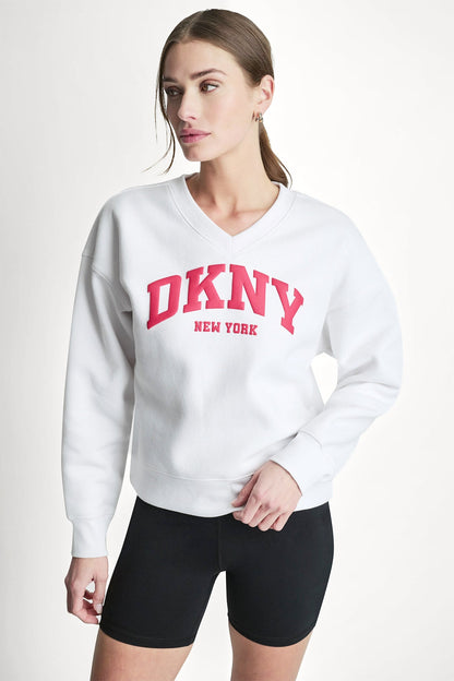 DKNY PUFF VARSITY LOGO V-NECK PULLOVER
