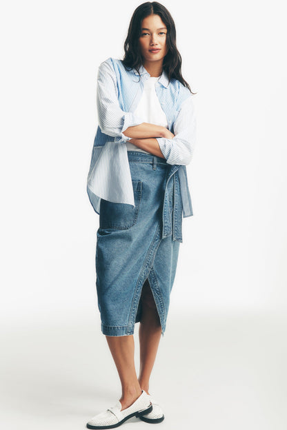 DKNY HIGH-RISE DENIM WRAP SKIRT