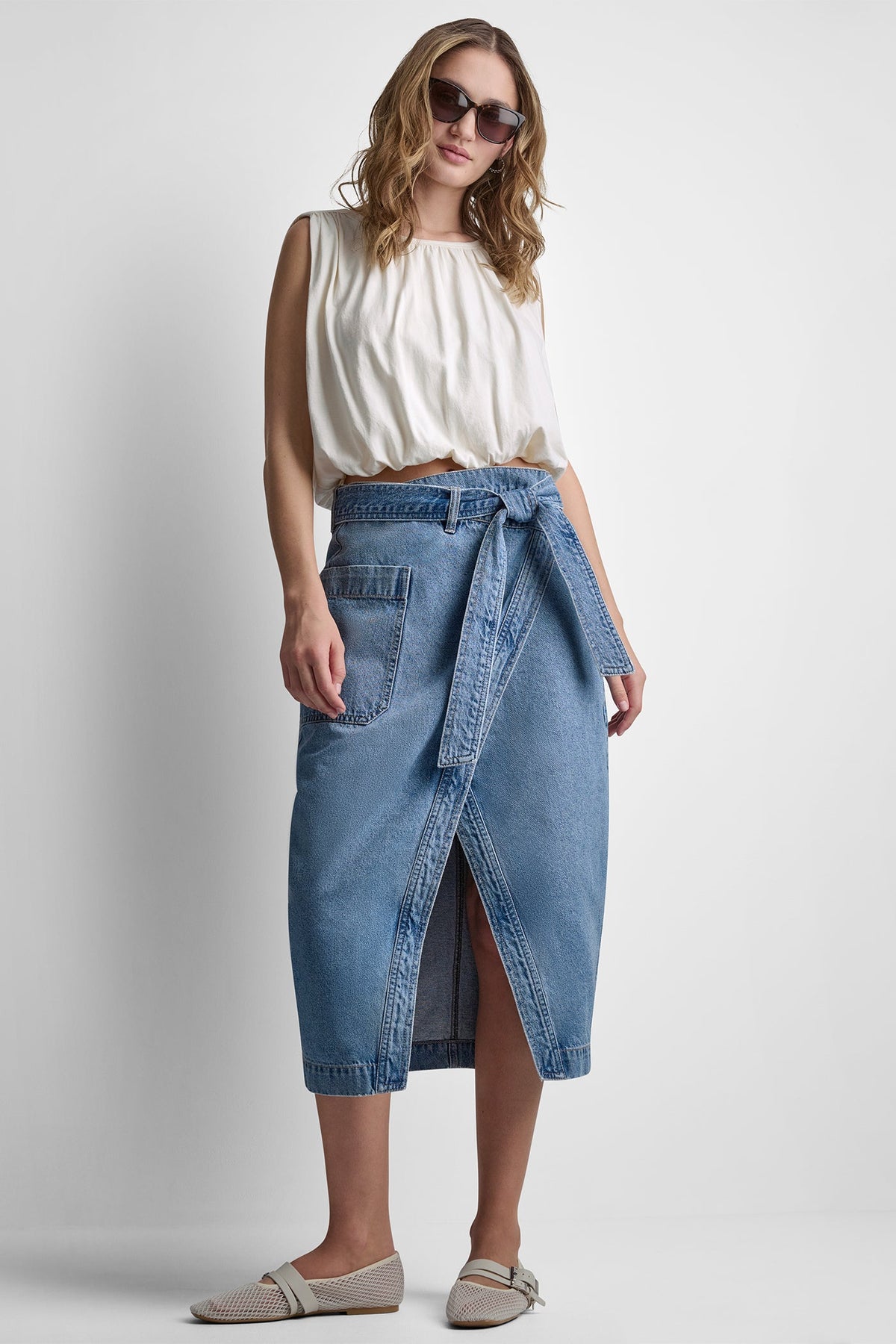 DKNY HIGH-RISE DENIM WRAP SKIRT