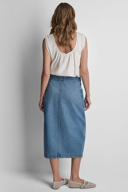 DKNY HIGH-RISE DENIM WRAP SKIRT