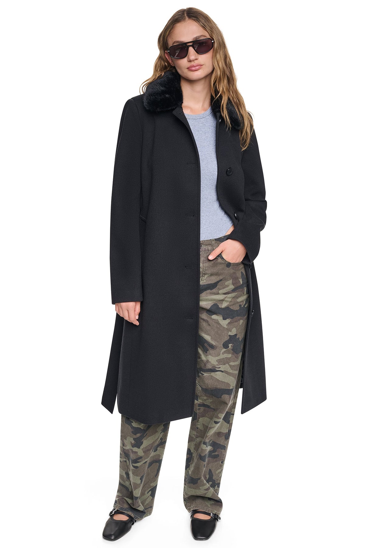 DKNY TWILL COAT WITH FUR COLLAR