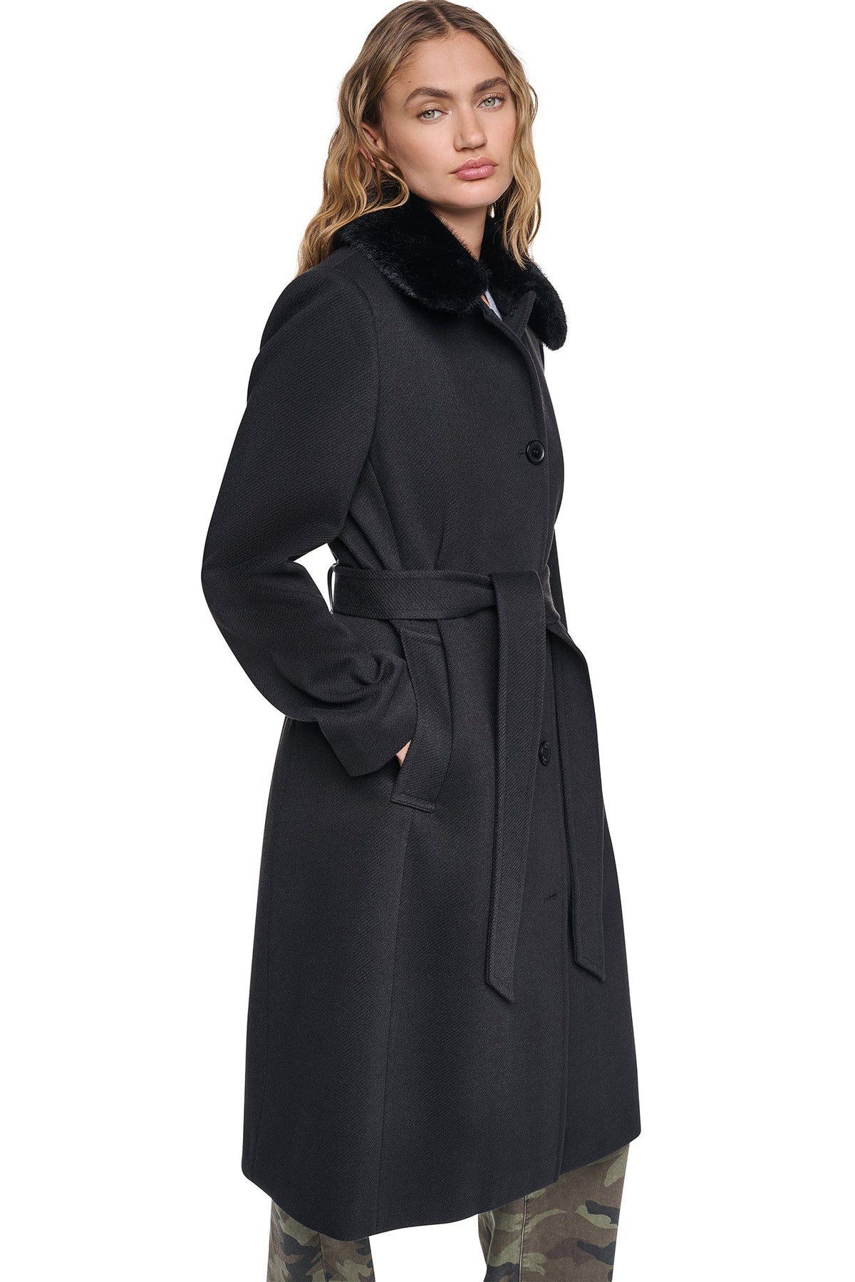 DKNY TWILL COAT WITH FUR COLLAR