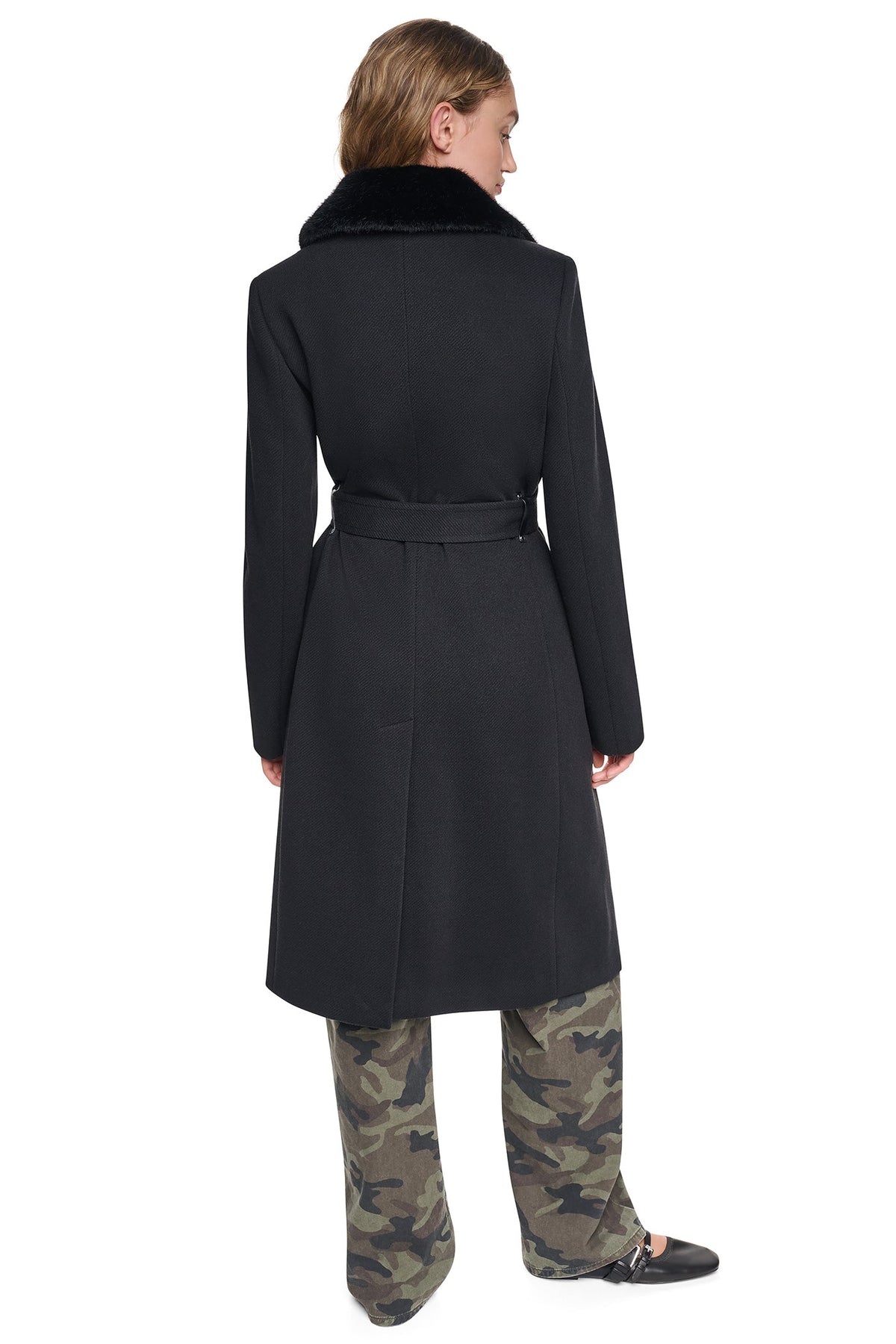 DKNY TWILL COAT WITH FUR COLLAR