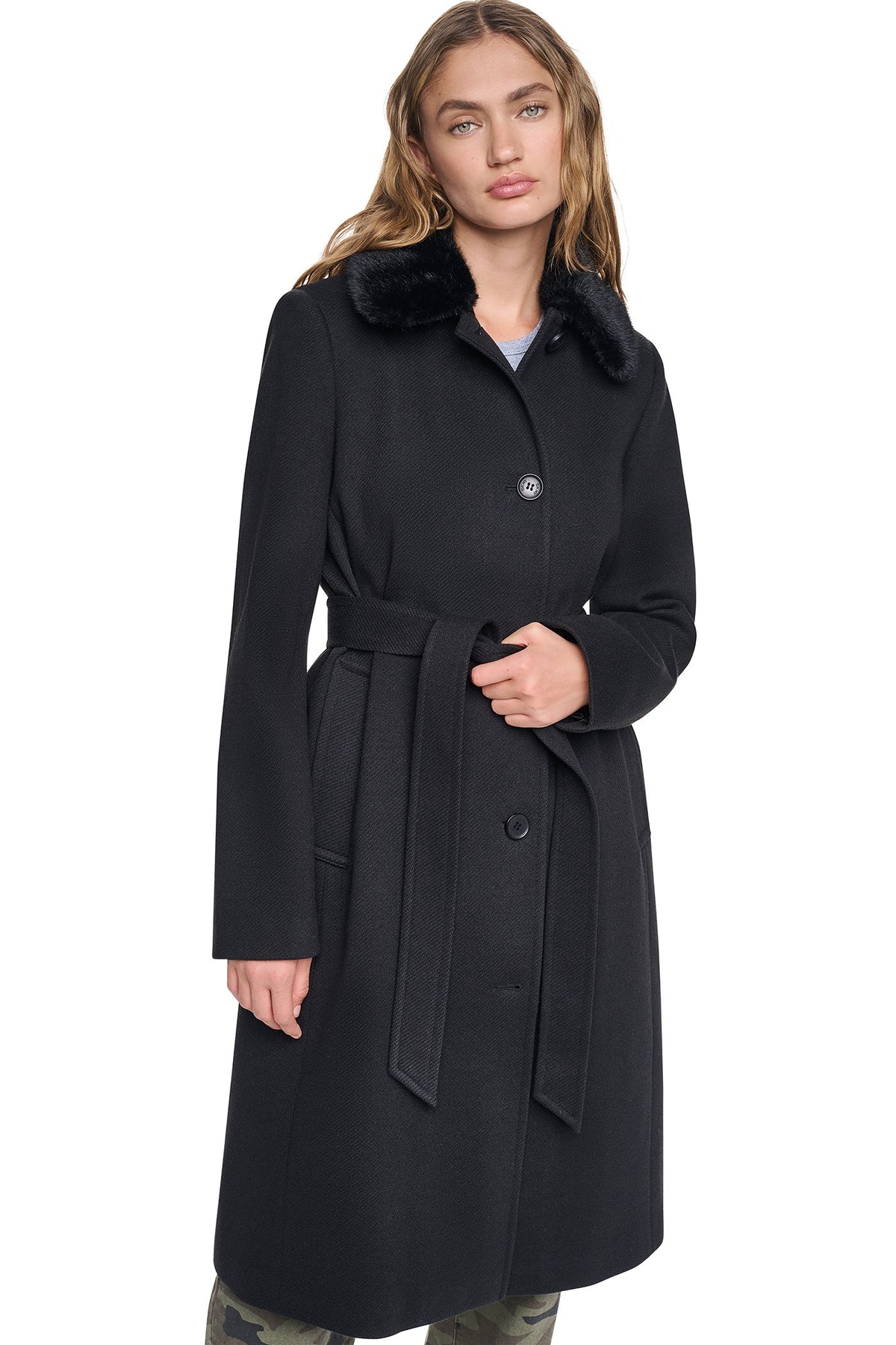 DKNY TWILL COAT WITH FUR COLLAR