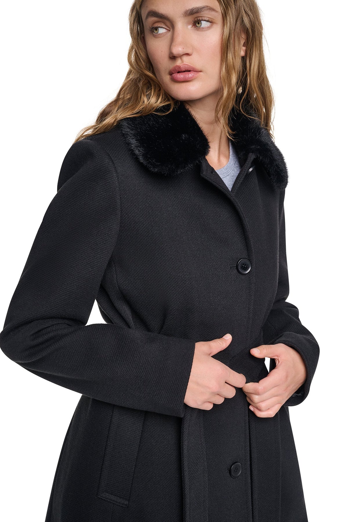 DKNY TWILL COAT WITH FUR COLLAR