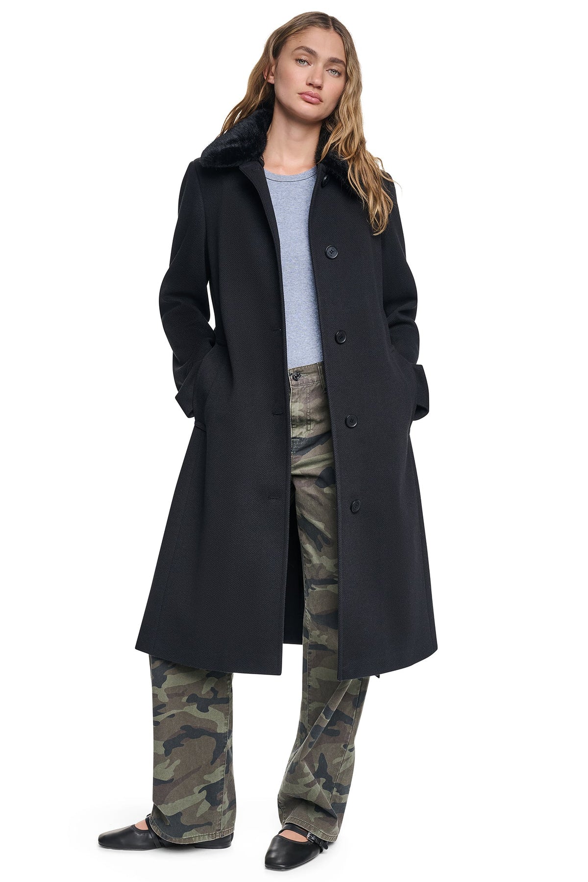 DKNY TWILL COAT WITH FUR COLLAR