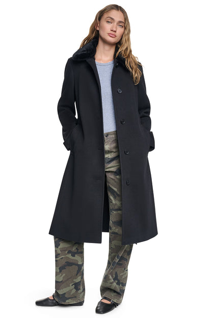 DKNY TWILL COAT WITH FUR COLLAR