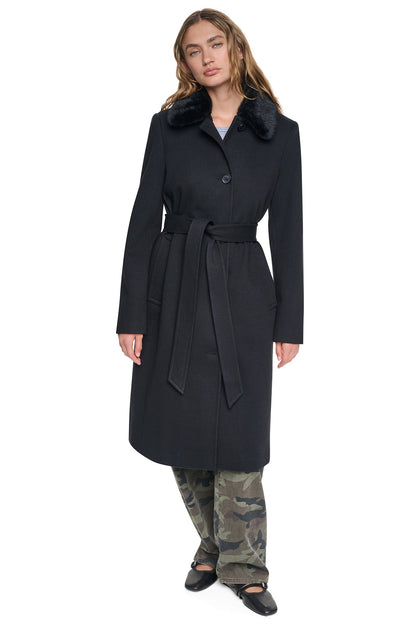 DKNY TWILL COAT WITH FUR COLLAR