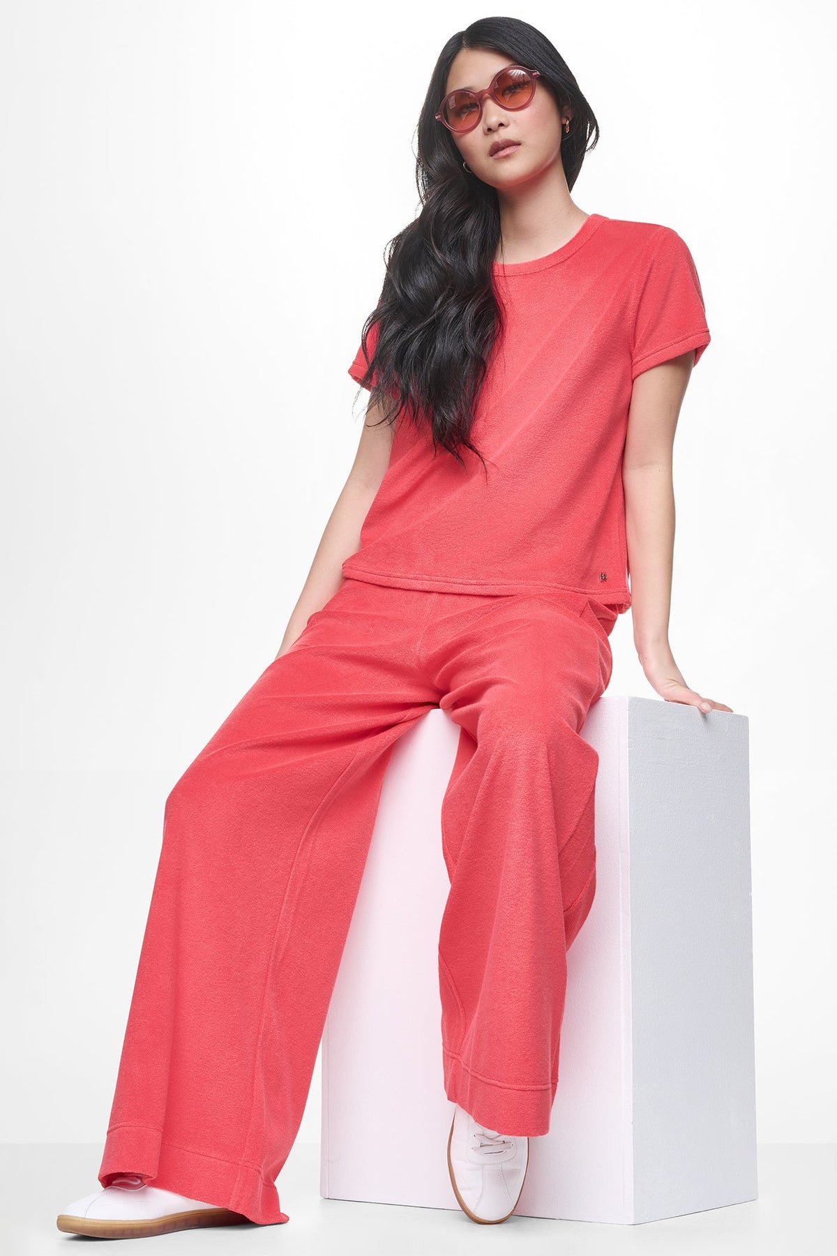 DKNY TOWELLING TERRY HIGH RISE WIDE LEG PANT
