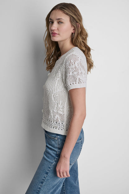 DKNY LACE STITCH BUTTON FRONT CARDIGAN