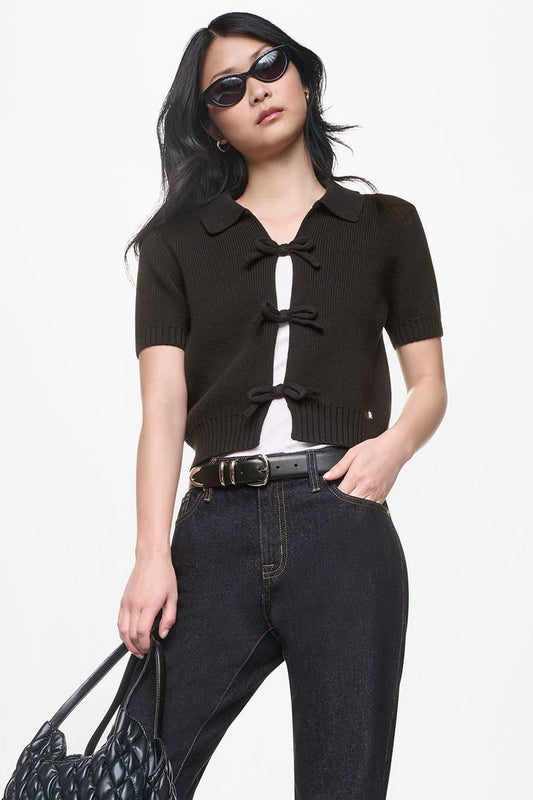 DKNY SHORT SLEEVE TIE FRONT POLO SWEATER