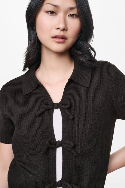 DKNY SHORT SLEEVE TIE FRONT POLO SWEATER