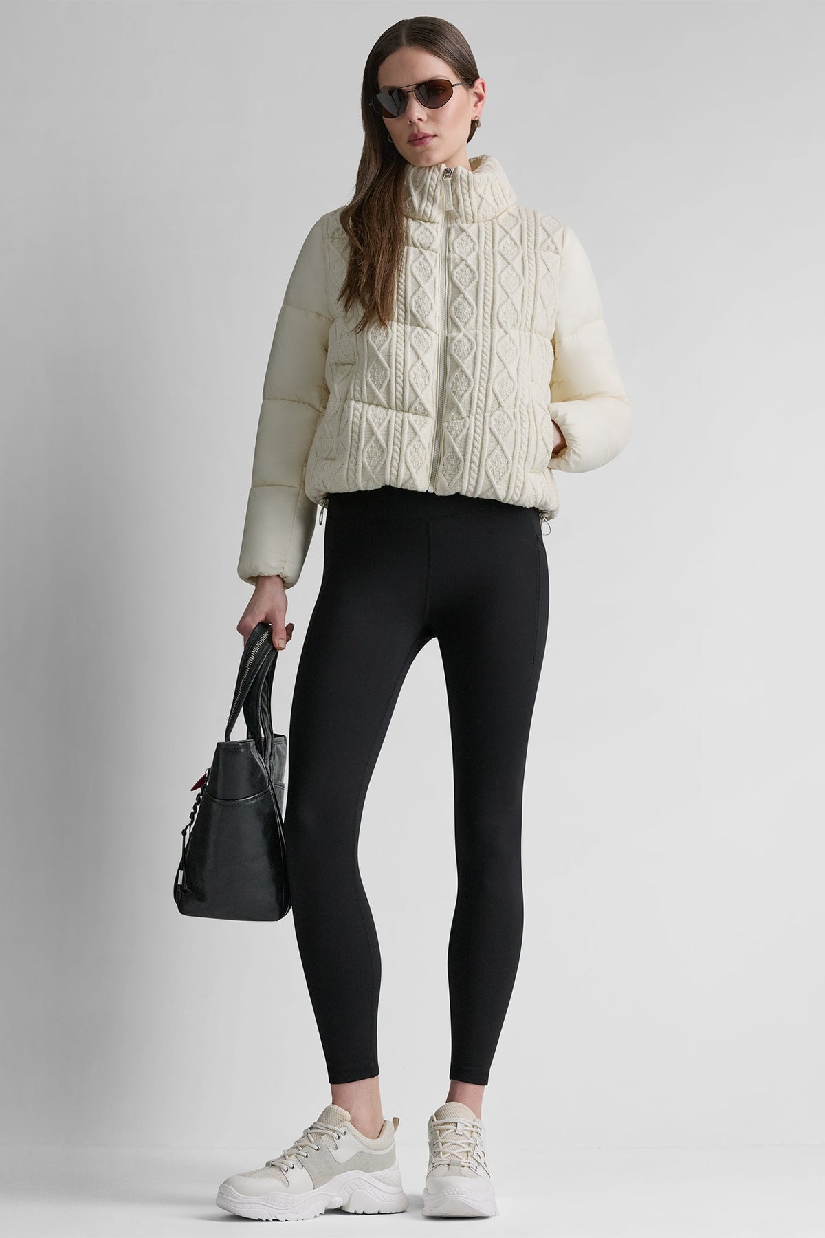 DKNY CABLE KNIT MOCK NECK PUFFER JACKET