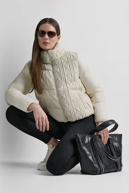 DKNY CABLE KNIT MOCK NECK PUFFER JACKET