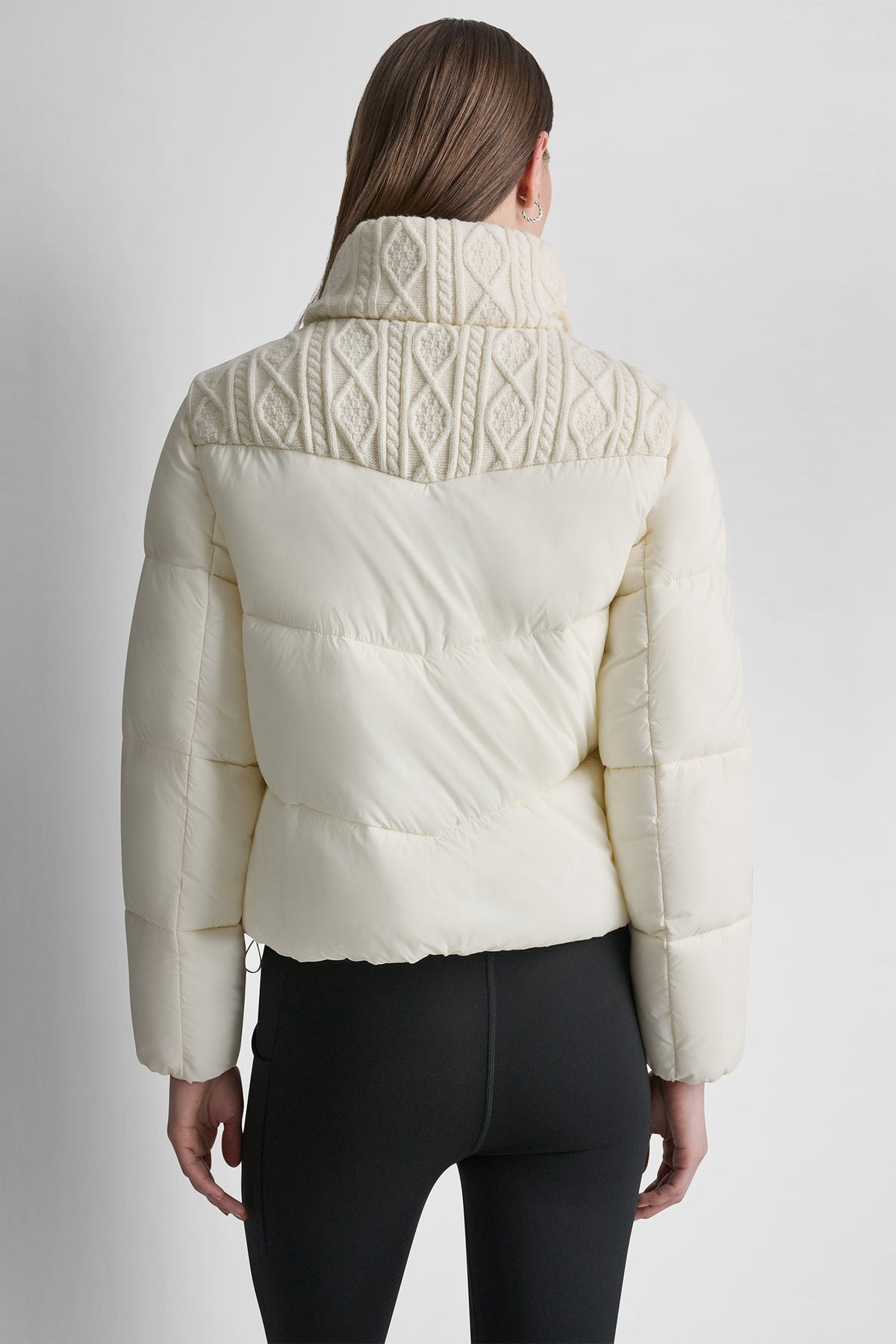 DKNY CABLE KNIT MOCK NECK PUFFER JACKET