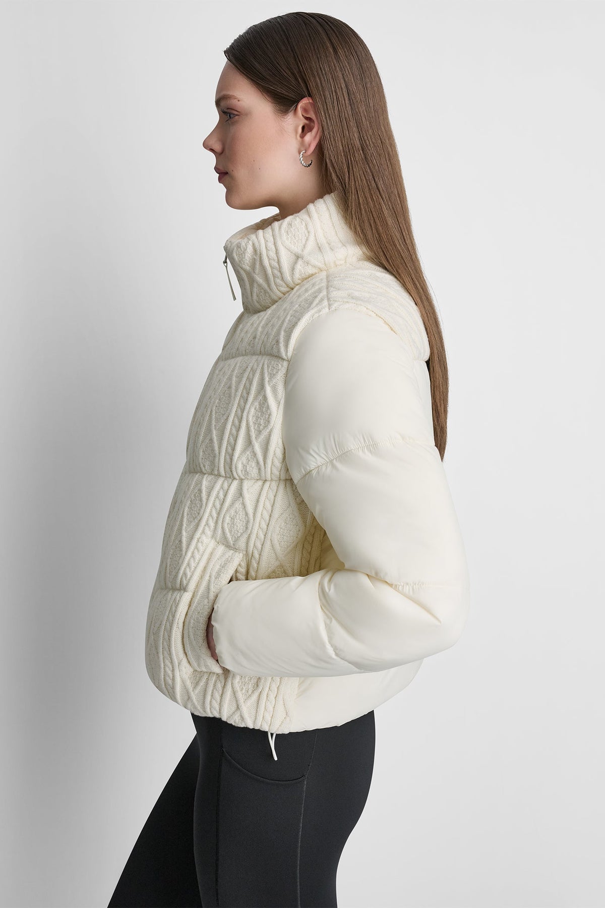 DKNY CABLE KNIT MOCK NECK PUFFER JACKET