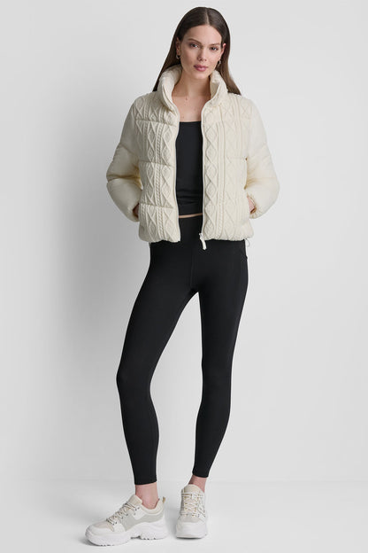 DKNY CABLE KNIT MOCK NECK PUFFER JACKET