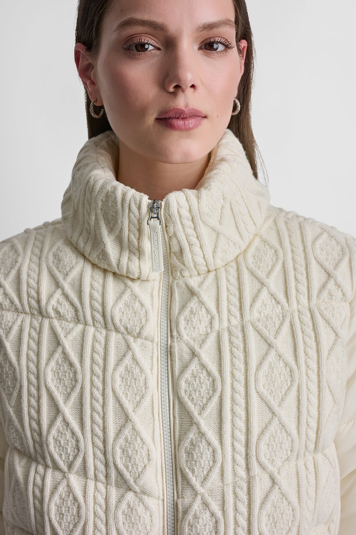 DKNY CABLE KNIT MOCK NECK PUFFER JACKET