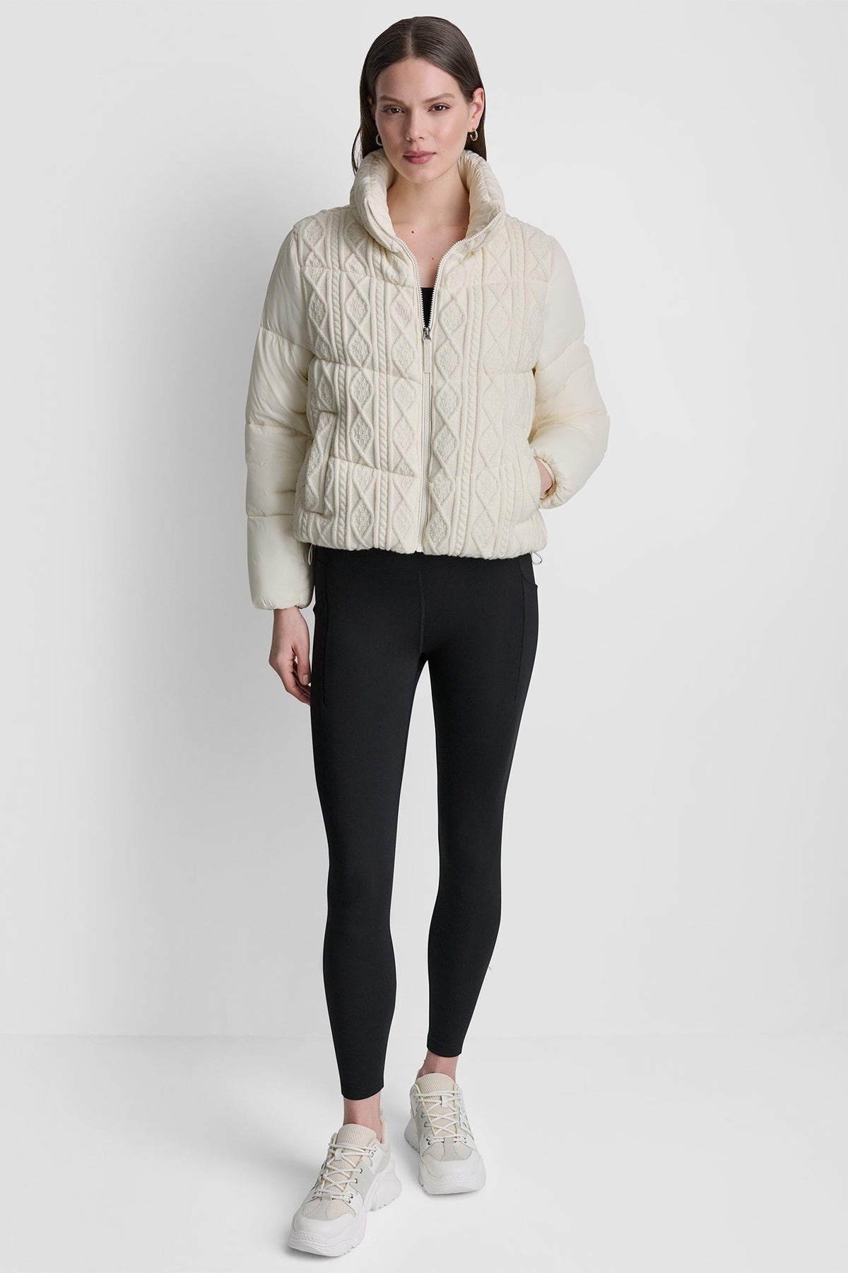 DKNY CABLE KNIT MOCK NECK PUFFER JACKET