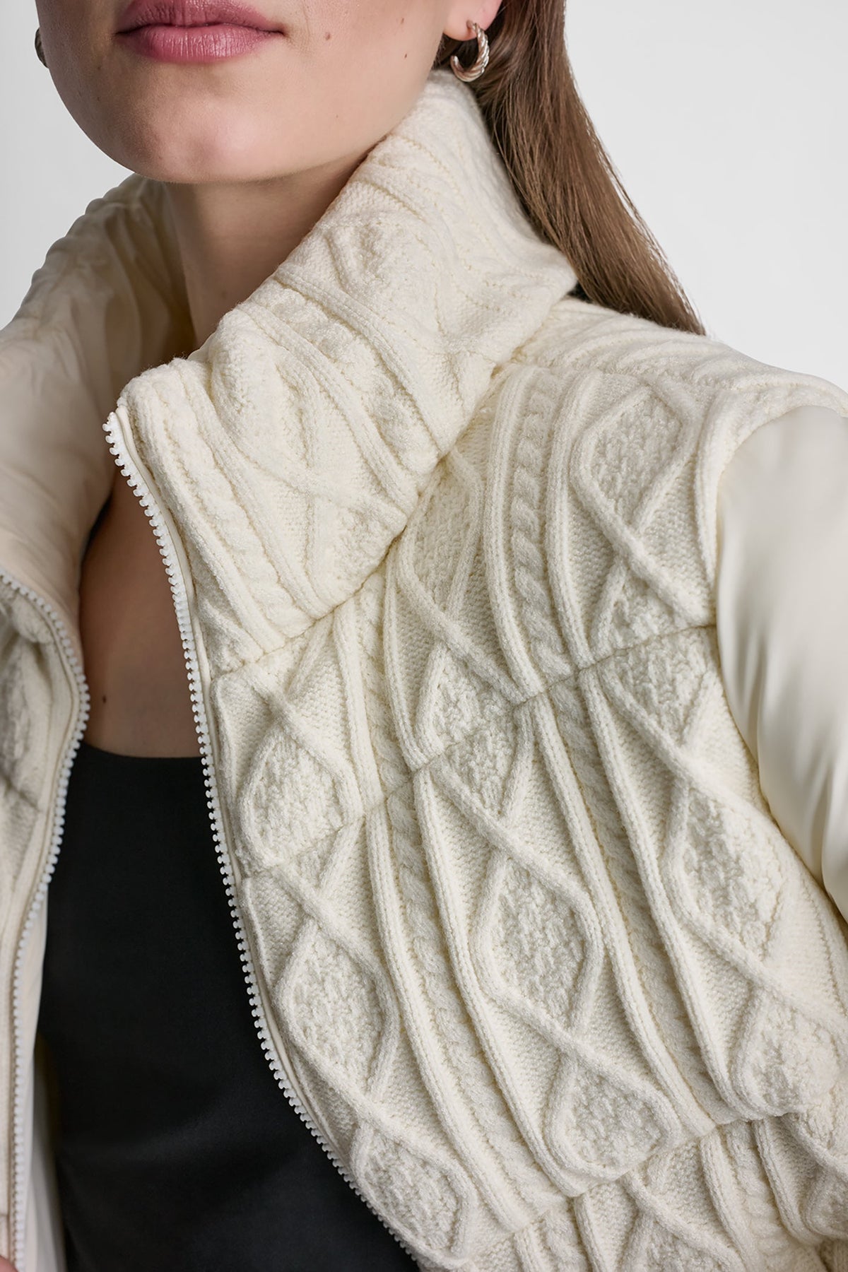 DKNY CABLE KNIT MOCK NECK PUFFER JACKET